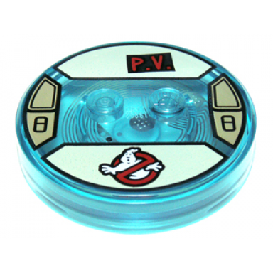 trans-light blue dimensions toy tag 4 x 4 x 2 3 with 2 studs and trans-light blue bottom with ghostbusters logo and black patch with red p.v on tan background pattern peter venkman