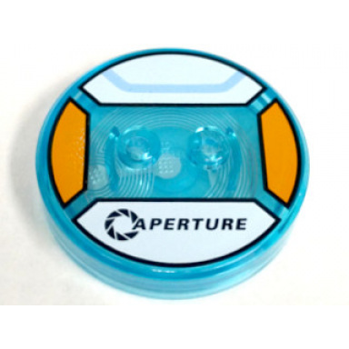 trans-light blue dimensions toy tag 4 x 4 x 2 3 with 2 studs and trans-light blue bottom with black aperture and curved bright light blue line on white background pattern chell