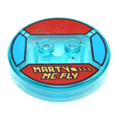 trans-light blue dimensions toy tag 4 x 4 x 2 3 with 2 studs and trans-light blue bottom with gold marty mc fly and broken arrow on red background pattern marty mcfly