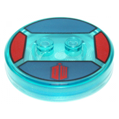 trans-light blue dimensions toy tag 4 x 4 x 2 3 with 2 studs and trans-light blue bottom with stylized red dw on dark blue background pattern the doctor