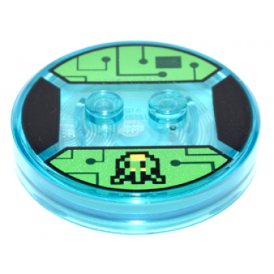 trans-light blue dimensions toy tag 4 x 4 x 2 3 with 2 studs and trans-light blue bottom with pixelated black and yellow alien and dark green circuitry on bright green background pattern gamer kid