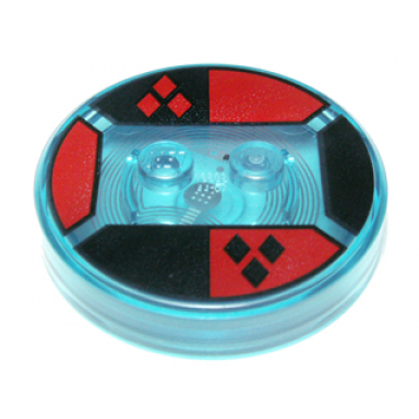 trans-light blue dimensions toy tag 4 x 4 x 2 3 with 2 studs and trans-light blue bottom with black and red diamonds on halves background pattern harley quinn