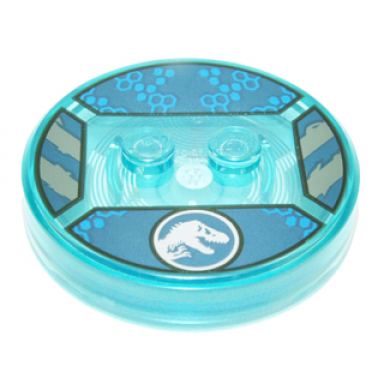 trans-light blue dimensions toy tag 4 x 4 x 2 3 with 2 studs and trans-light blue bottom with silver jurassic world logo and blue hexagons on dark blue background pattern acu
