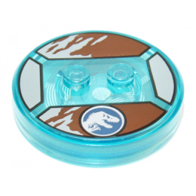 trans-light blue dimensions toy tag 4 x 4 x 2 3 with 2 studs and trans-light blue bottom with silver jurassic world logo on reddish brown and light bluish gray background pattern owen