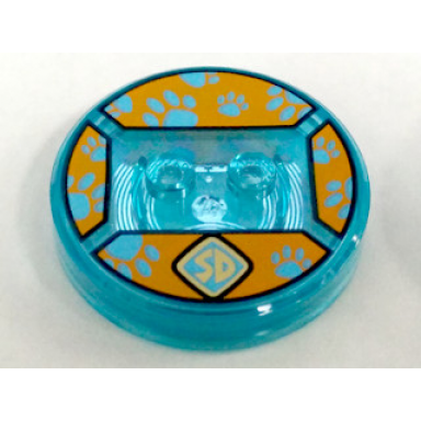 dimensions toy tag 4 x 4 x 2 3 with 2 studs and trans-light blue bottom with gold sd emblem and medium azure paw prints on orange background pattern scooby-doo