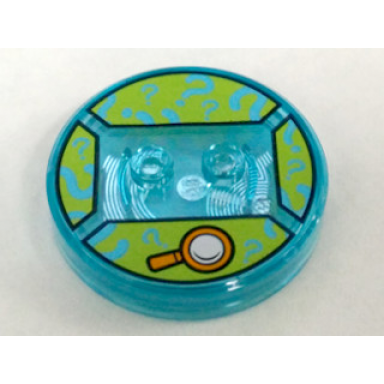 dimensions toy tag 4 x 4 x 2 3 with 2 studs and trans-light blue bottom with orange magnifying glass and medium azure question marks on lime background pattern shaggy