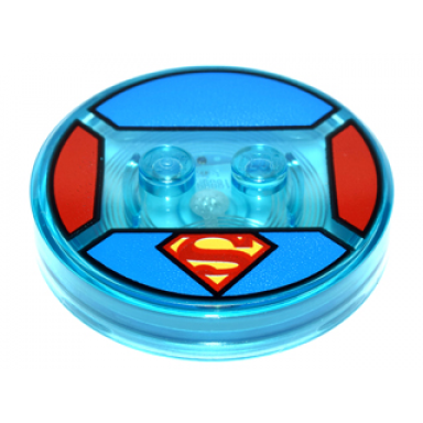trans-light blue dimensions toy tag 4 x 4 x 2 3 with 2 studs and trans-light blue bottom with superman s logo on blue background and red sides pattern superman