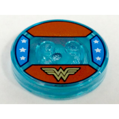 trans-light blue dimensions toy tag 4 x 4 x 2 3 with 2 studs and trans-light blue bottom with stylized gold ww logo on red background white stars on blue background pattern wonder woman