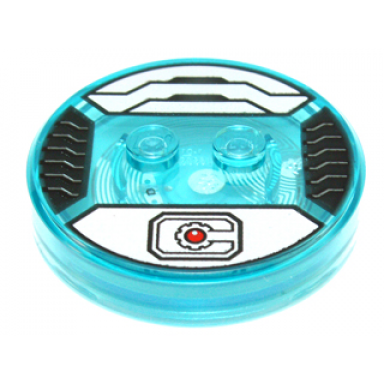 dimensions toy tag 4 x 4 x 2 3 with 2 studs and trans-light blue bottom with red circle stylized black c and armor plating on silver background pattern cyborg