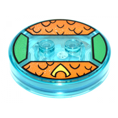 trans-light blue dimensions toy tag 4 x 4 x 2 3 with 2 studs and trans-light blue bottom with yellow symbol and black scales on orange background pattern aquaman