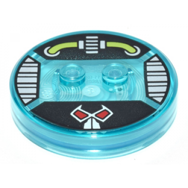 trans-light blue dimensions toy tag 4 x 4 x 2 3 with 2 studs and trans-light blue bottom with lime tubes silver machinery and white mask with red eyes on black background pattern bane
