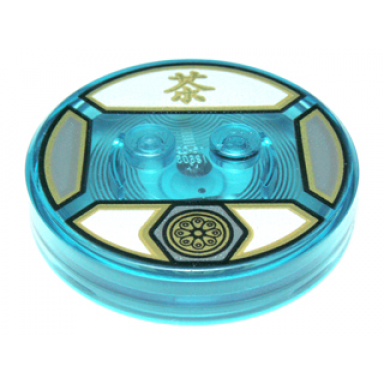trans-light blue dimensions toy tag 4 x 4 x 2 3 with 2 studs and trans-light blue bottom with gold lotus symbol in dark bluish gray hexagon and chinese logogram è¶ tea on white background pattern sensei wu