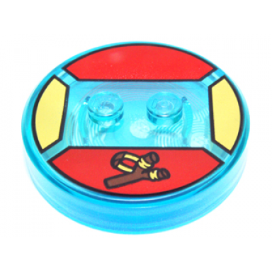 trans-light blue dimensions toy tag 4 x 4 x 2 3 with 2 studs and trans-light blue bottom with reddish brown slingshot with yellow band on red background pattern bart