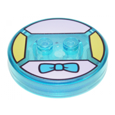dimensions toy tag 4 x 4 x 2 3 with 2 studs and trans-light blue bottom with dark azure bow tie on bright pink background pattern krusty