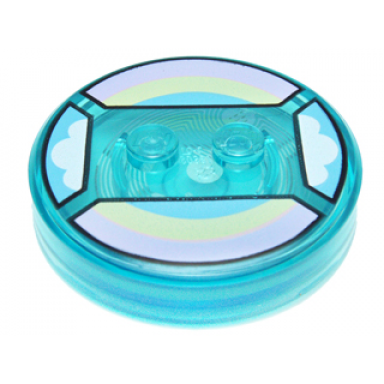 dimensions toy tag 4 x 4 x 2 3 with 2 studs and trans-light blue bottom with bright pink bright light yellow and bright light blue rainbow white clouds pattern unikitty