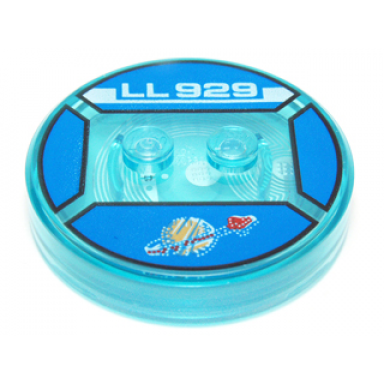 trans-light blue dimensions toy tag 4 x 4 x 2 3 with 2 studs and trans-light blue bottom with faded classic space logo and white ll 929 on blue background pattern benny