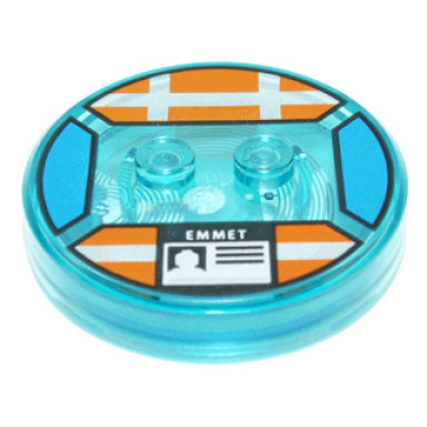 dimensions toy tag 4 x 4 x 2 3 with 2 studs and trans-light blue bottom with silver stripes and white emmet id badge on orange background pattern emmet