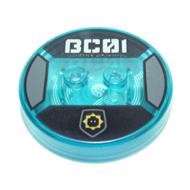 dimensions toy tag 4 x 4 x 2 3 with 2 studs and trans-light blue bottom with minifigure head in yellow star badge and stylized white bc01 on black background pattern bad cop
