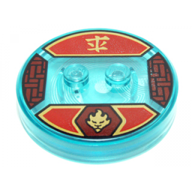 dimensions toy tag 4 x 4 x 2 3 with 2 studs and trans-light blue bottom with gold flaming lion head in dark red hexagon and ninjago logogram fire on red background pattern kai