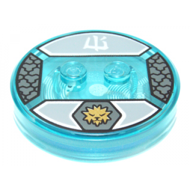 dimensions toy tag 4 x 4 x 2 3 with 2 studs and trans-light blue bottom with gold icy saber-toothed cat head in dark bluish gray hexagon and white ninjago logogram ice on light bluish gray background pattern zane