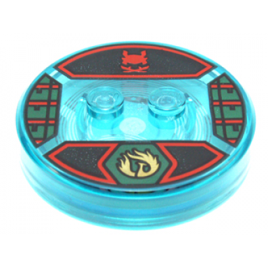 dimensions toy tag 4 x 4 x 2 3 with 2 studs and trans-light blue bottom with gold phoenix in dark green hexagon and red samurai helmet on black background pattern nya