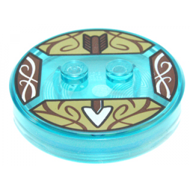 trans-light blue dimensions toy tag 4 x 4 x 2 3 with 2 studs and trans-light blue bottom with dark brown and silver arrow on olive green background pattern legolas