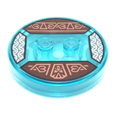 trans-light blue dimensions toy tag 4 x 4 x 2 3 with 2 studs and trans-light blue bottom with angled copper lines and symbols on dark brown background silver wavy lines pattern gimli