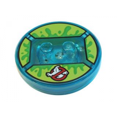 dimensions toy tag 4 x 4 x 2 3 with 2 studs and trans-light blue bottom with ghostbusters logo and bright green slime on lime background pattern slimer