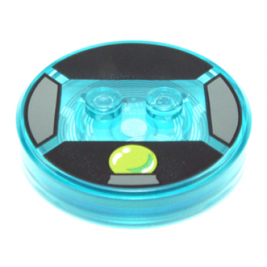 dimensions toy tag 4 x 4 x 2 3 with 2 studs and trans-light blue bottom with lime crystal ball on black background pattern wicked witch
