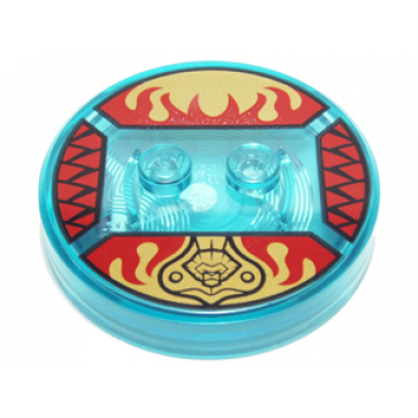 trans-light blue dimensions toy tag 4 x 4 x 2 3 with 2 studs and trans-light blue bottom with legends of chima lion head and red flames on gold background pattern laval