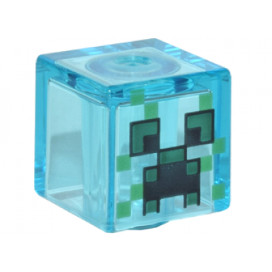 trans-light blue minifigure head modified cube with pixelated black and dark green eyes and open mouth frown green spots pattern minecraft charged creeper