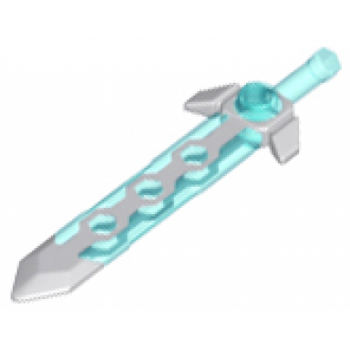 trans-light blue minifigure weapon sword long with molded flexible rubber light bluish gray tip and angular crossguard pattern