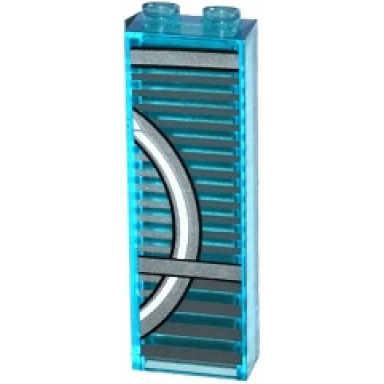 trans-light blue brick 1 x 2 x 5 with silver stripes and white and silver half circle pattern sticker - set 76038