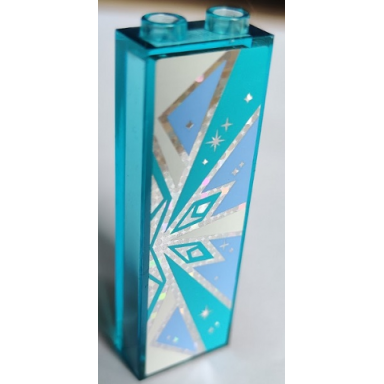 trans-light blue brick 1 x 2 x 5 with bright light blue and medium azure snowflake half on silver holographic glitter background pattern model left side sticker - se