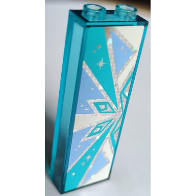trans-light blue brick 1 x 2 x 5 with bright light blue and medium azure snowflake half on silver holographic glitter background pattern model right side sticker - s