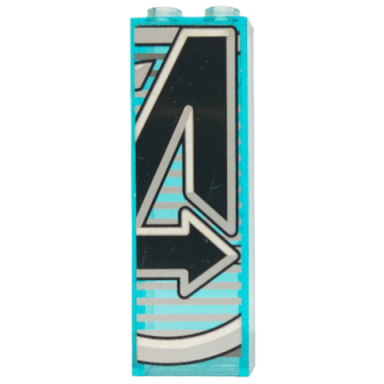 trans-light blue brick 1 x 2 x 5 with avengers logo right half with thin dark bluish gray top line pattern model left side sticker - set 76038