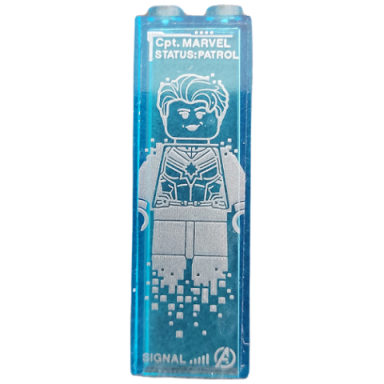 trans-light blue brick 1 x 2 x 5 with silver cpt marvel status:patrol signal avengers logo and captain marvel minifigure pattern sticker - set 76192