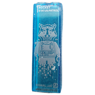 trans-light blue brick 1 x 2 x 5 with silver rocket status:patrol signal avengers logo and rocket raccoon minifigure pattern sticker - set 76192
