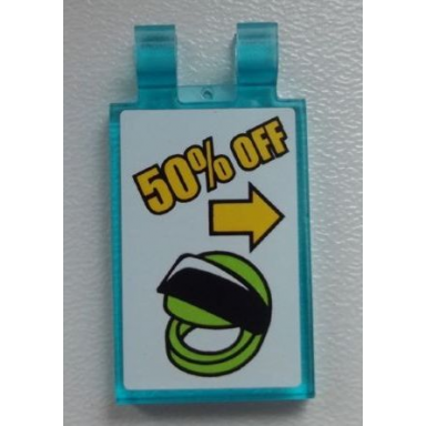 trans-light blue tile modified 2 x 3 with 2 clips with helmet and arrow 50% off pattern sticker - set 60026