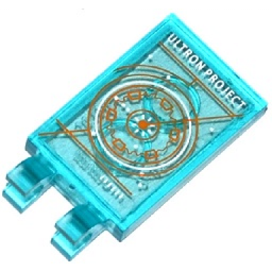 trans-light blue tile modified 2 x 3 with 2 clips with ultron project and orange lines and circles on screen pattern sticker - set 76038