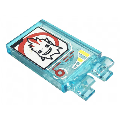 trans-light blue tile modified 2 x 3 with 2 clips with evil face on rock on white and red pattern sticker - set 41231