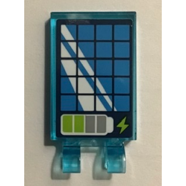 trans-light blue tile modified 2 x 3 with 2 clips with solar panel and battery power indicator pattern sticker - set 41307
