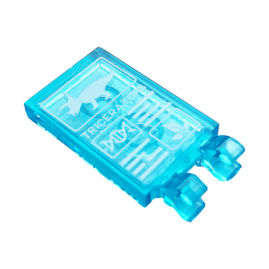 trans-light blue tile modified 2 x 3 with 2 clips with display with plant dinosaur dna and triceratops pattern sticker - set 75937
