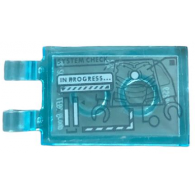trans-light blue tile modified 2 x 3 with 2 open o clips with display screen with iron man torso system check and in progress.. pattern sticker - set 76216