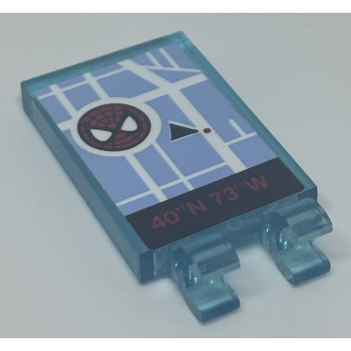 trans-light blue tile modified 2 x 3 with 2 open o clips with spider-man map with 40n 73w gps pattern sticker - set 76057