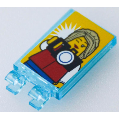 trans-light blue tile modified 2 x 3 with 2 open o clips with female minifigure holding camera pattern sticker - set 40346