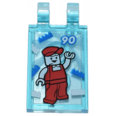 trans-light blue tile modified 2 x 3 with 2 open o clips with lego mascot minifigure with red hat and jumpsuit lego bricks and 90 pattern sticker - set 80036