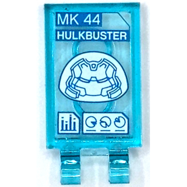 trans-light blue tile modified 2 x 3 with 2 open o clips with dark azure and white mk 44 hulkbuster helmet and graphs pattern sticker - set 76105