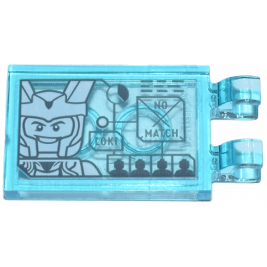 trans-light blue tile modified 2 x 3 with 2 open o clips with digital display loki and no match and white loki head pattern sticker - set 76269