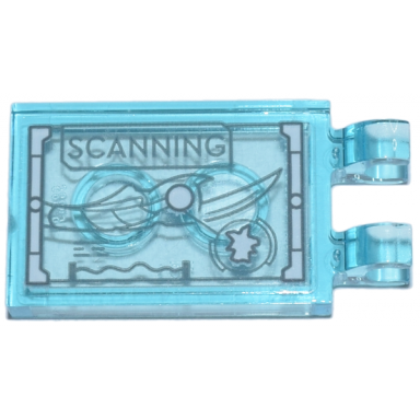 trans-light blue tile modified 2 x 3 with 2 open o clips with digital display scanning and loki scepter pattern sticker - set 76269